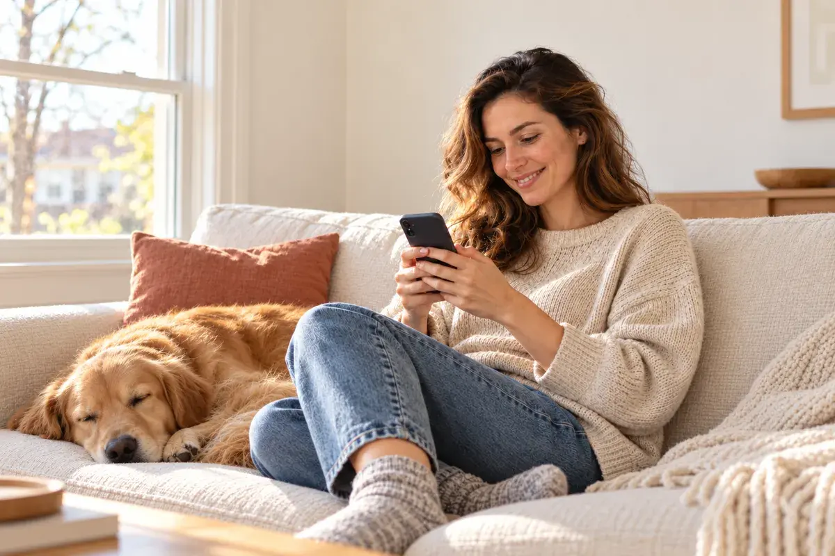 Woman relaxing on the couch with her phone, golden retriever asleep beside her